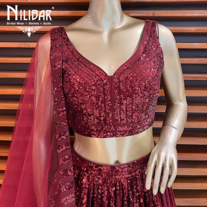Mehroon Red Net Sequin Lehenga