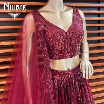 Mehroon Red Net Sequin Lehenga