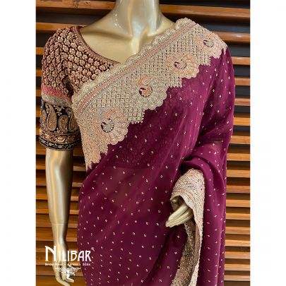 Wine Organza Bridal Saree