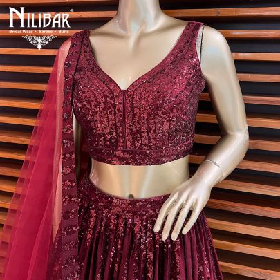Mehroon Red Net Sequin Lehenga