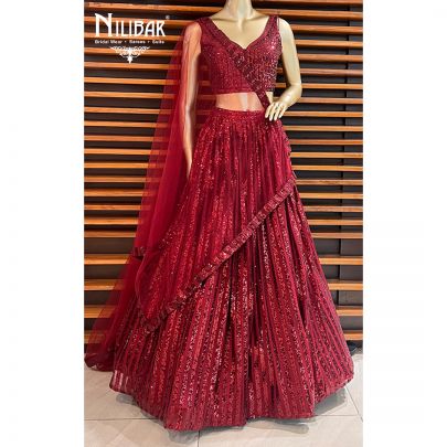 Mehroon Red Net Sequin Lehenga