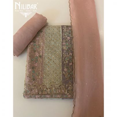 Peach and Multicolor Lamé Unstitched Suit