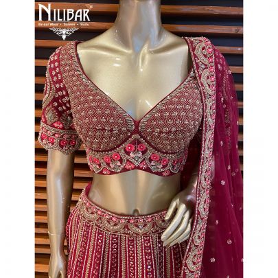 Mehroon Silk and Net Bridal Lehenga