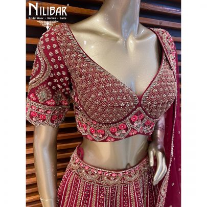 Mehroon Silk and Net Bridal Lehenga