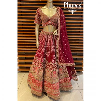 Mehroon Silk and Net Bridal Lehenga