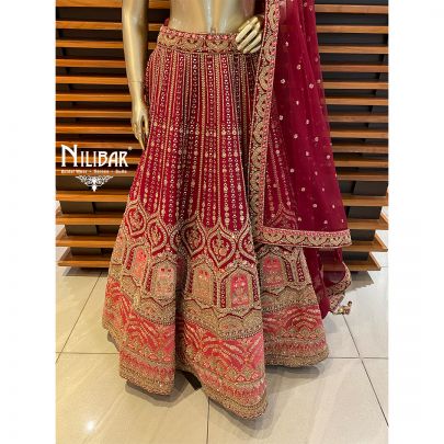 Mehroon Silk and Net Bridal Lehenga