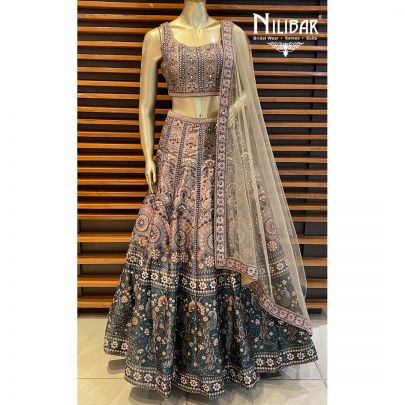 Grey and Green Silk Casual Lehenga