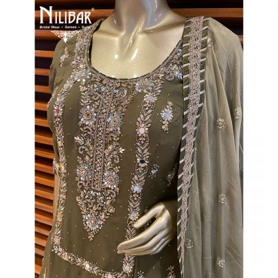 Olive Green Georgette and Chinon Lehenga