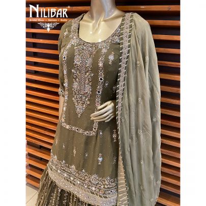 Olive Green Georgette and Chinon Lehenga