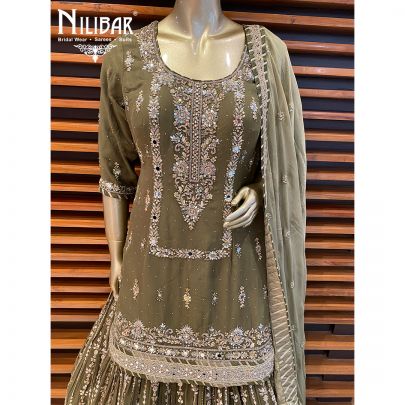 Olive Green Georgette and Chinon Lehenga