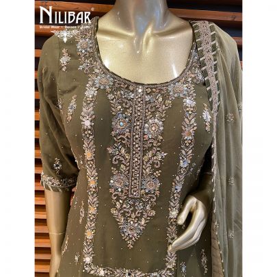 Olive Green Georgette and Chinon Lehenga