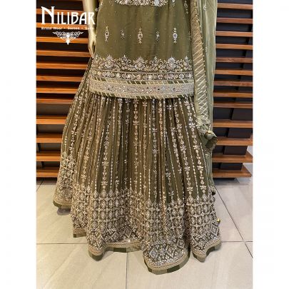 Olive Green Georgette and Chinon Lehenga