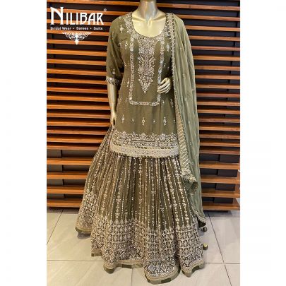 Olive Green Georgette and Chinon Lehenga
