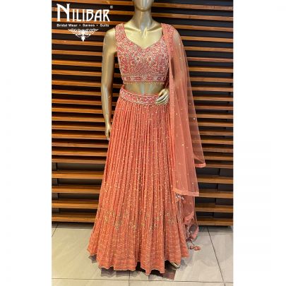 Peach Orange Georgette and Silk Lehenga