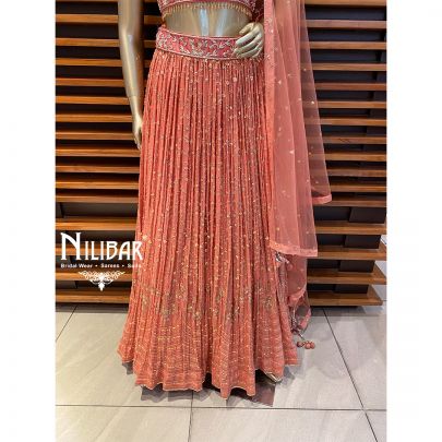 Peach Orange Georgette and Silk Lehenga