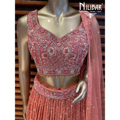 Peach Orange Georgette and Silk Lehenga
