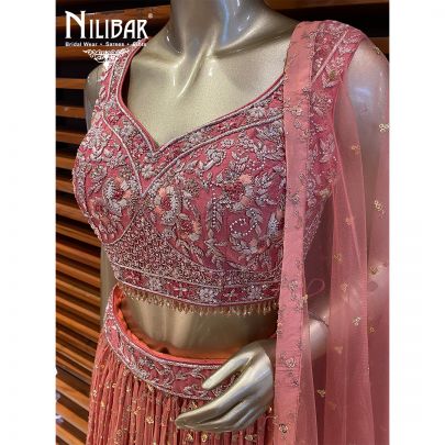 Peach Orange Georgette and Silk Lehenga