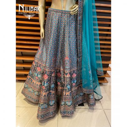 Hunter Green Net and Silk Lehenga