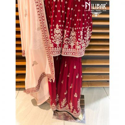 Crimson Red Georgette Peplum Suit