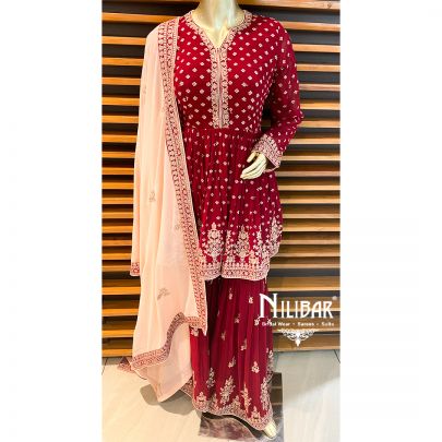 Crimson Red Georgette Peplum Suit