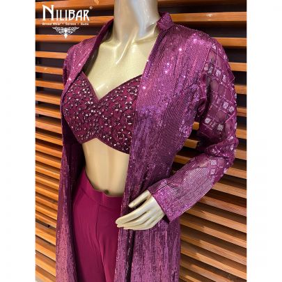 Wine Georgette and Net Jacket Style Suit