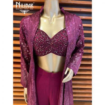 Wine Georgette and Net Jacket Style Suit