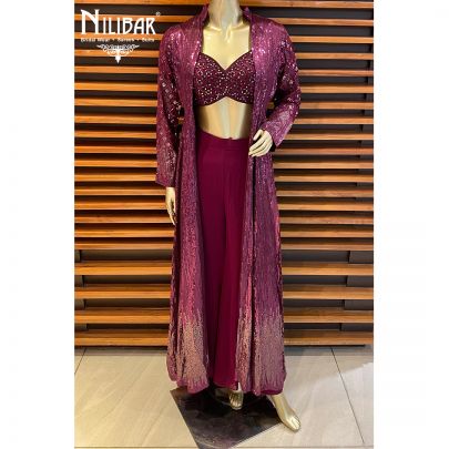 Wine Georgette and Net Jacket Style Suit