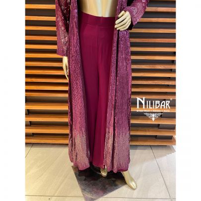 Wine Georgette and Net Jacket Style Suit