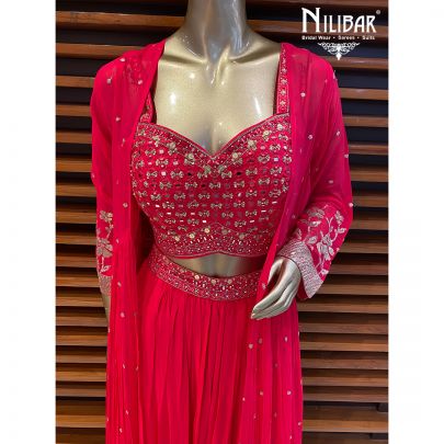 Hot Pink Georgette and Silk Jacket Style Suit