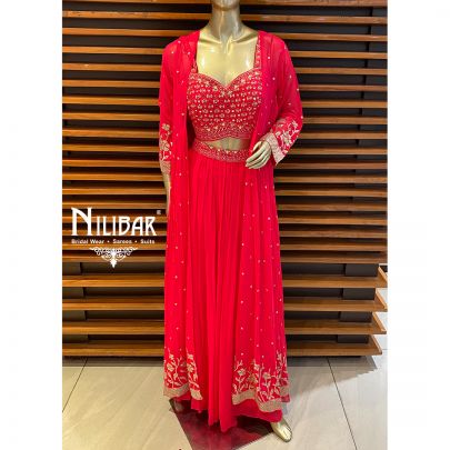 Hot Pink Georgette and Silk Jacket Style Suit