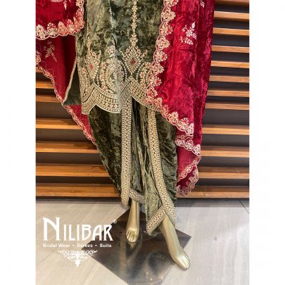 Green Velvet Dhoti Suit With Velvet Embroidered Dupatta