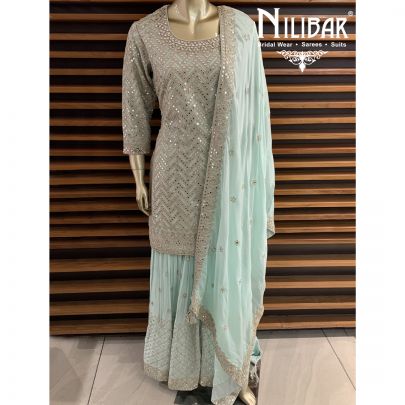 Sea Green Chinon Sharara Suit