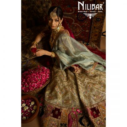 Moss Green and Mehroon Velvet Bridal Lehenga