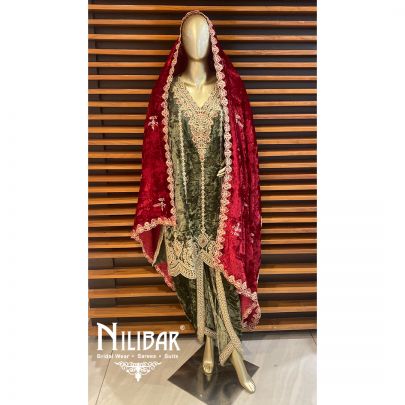 Green Velvet Dhoti Suit With Velvet Embroidered Dupatta