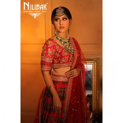 mehroon Silk and Chinon Bridal  Lehenga