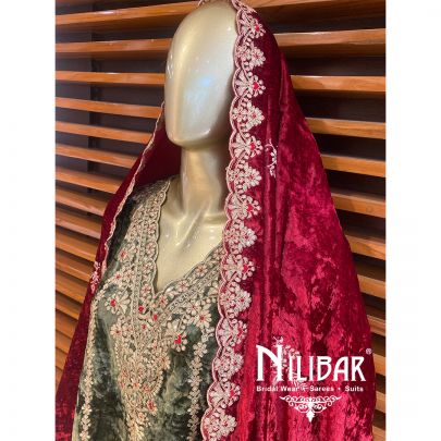 Green Velvet Dhoti Suit With Velvet Embroidered Dupatta