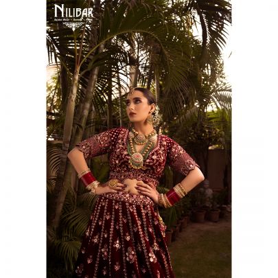 Rosewood Maroon Velvet Bridal Lehenga