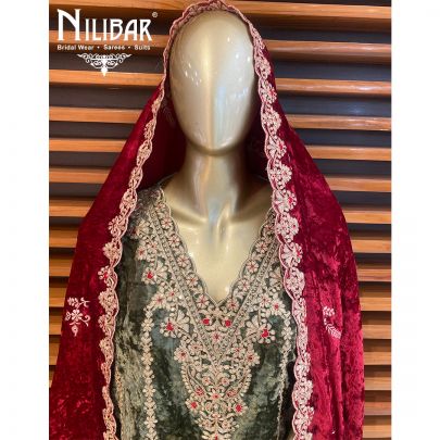 Green Velvet Dhoti Suit With Velvet Embroidered Dupatta
