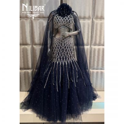 Moon Blue Net Crop Top Paired With Fish Cut Lehenga