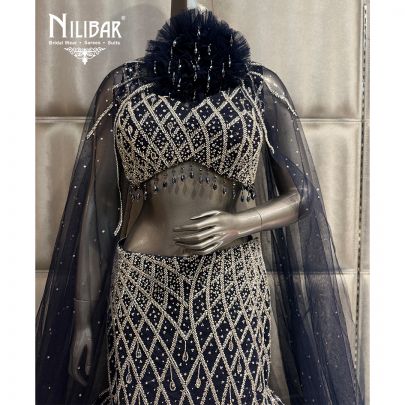 Moon Blue Net Crop Top Paired With Fish Cut Lehenga