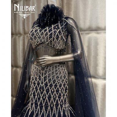Moon Blue Net Crop Top Paired With Fish Cut Lehenga
