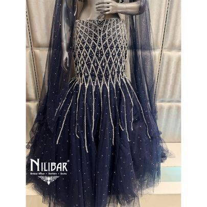 Moon Blue Net Crop Top Paired With Fish Cut Lehenga