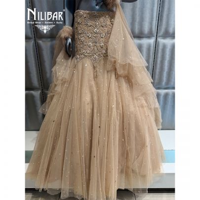 Beige Net Crop Top Paired With Fish Cut Lehenga