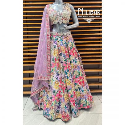 Lilac Silk Printed Lehenga