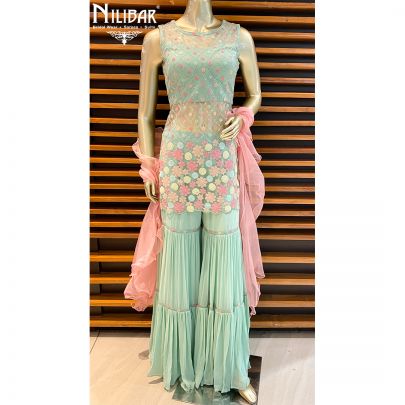 Mint Green and Pink Georgette Sharara Suit