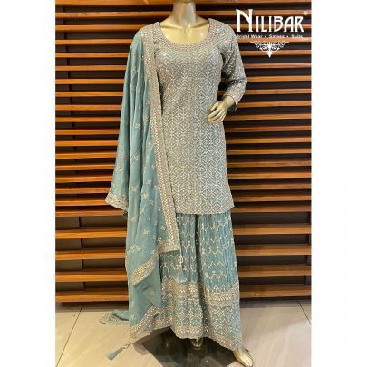 Sky Blue Flarred Georgette Pallazzo Suit