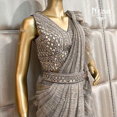 Grey Net Draped Saree