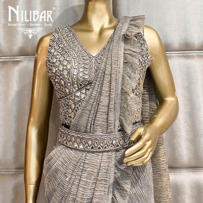 Grey Net Draped Saree