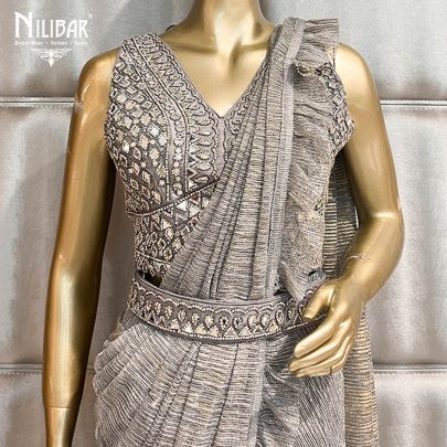Grey Net Draped Saree