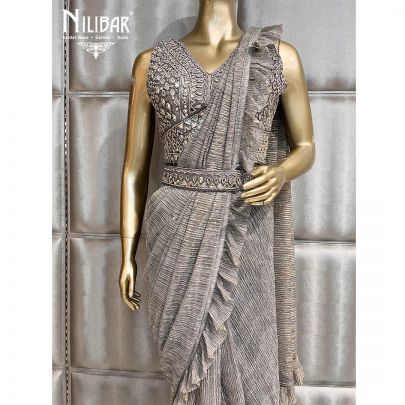 Grey Net Draped Saree